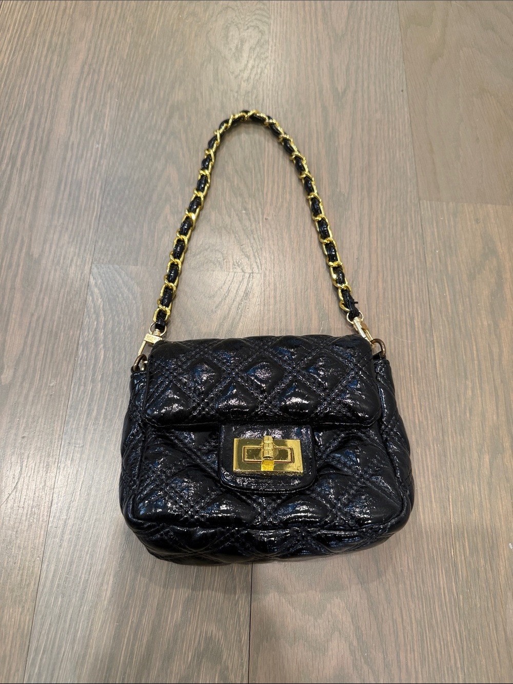 Big Buddha Black Quilted Patent Shoulder Bag with Gold Hardware